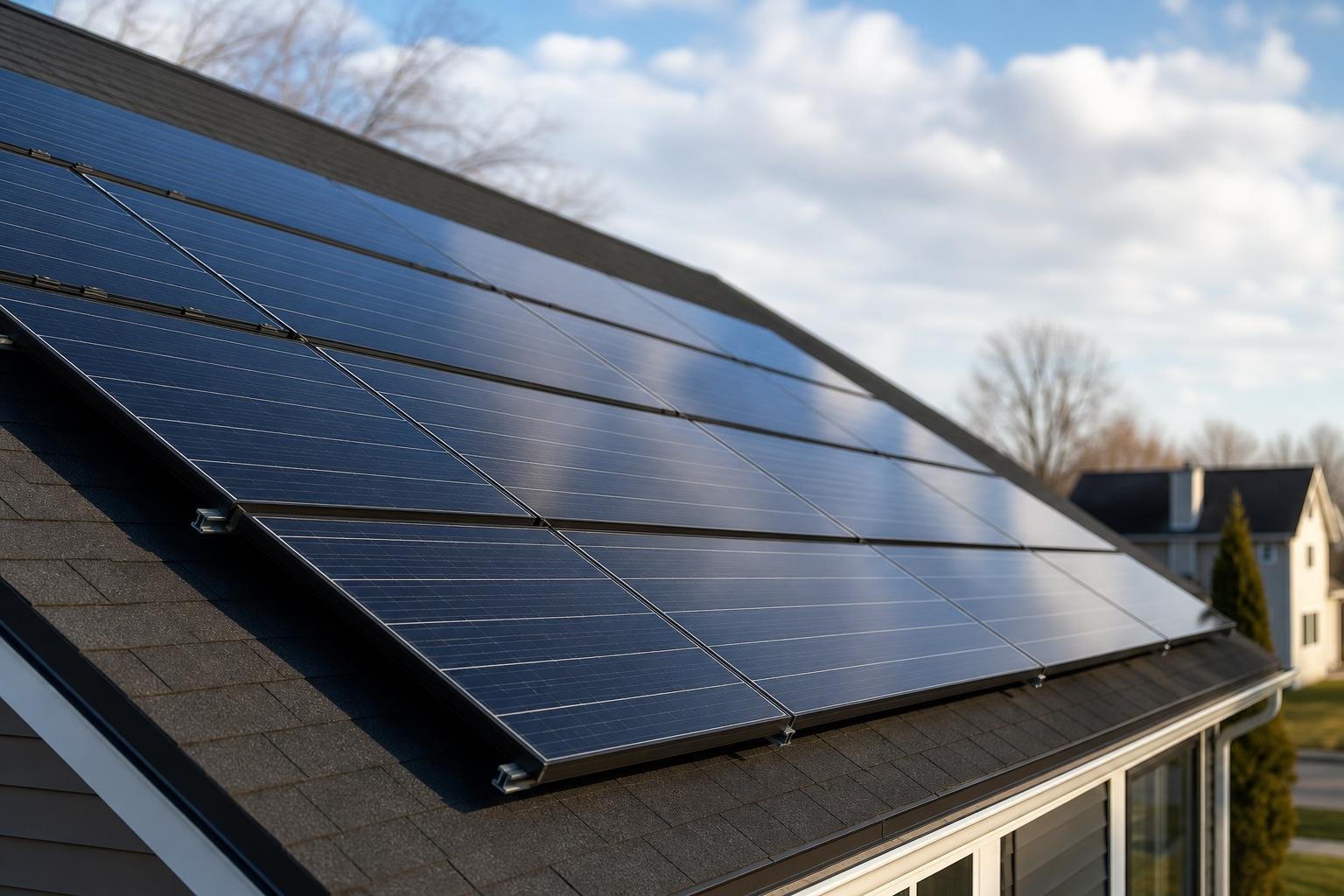 Close-up of solar panels on a residential roof in Buffalo, New York, with warm daylight and a home roofline in the background.