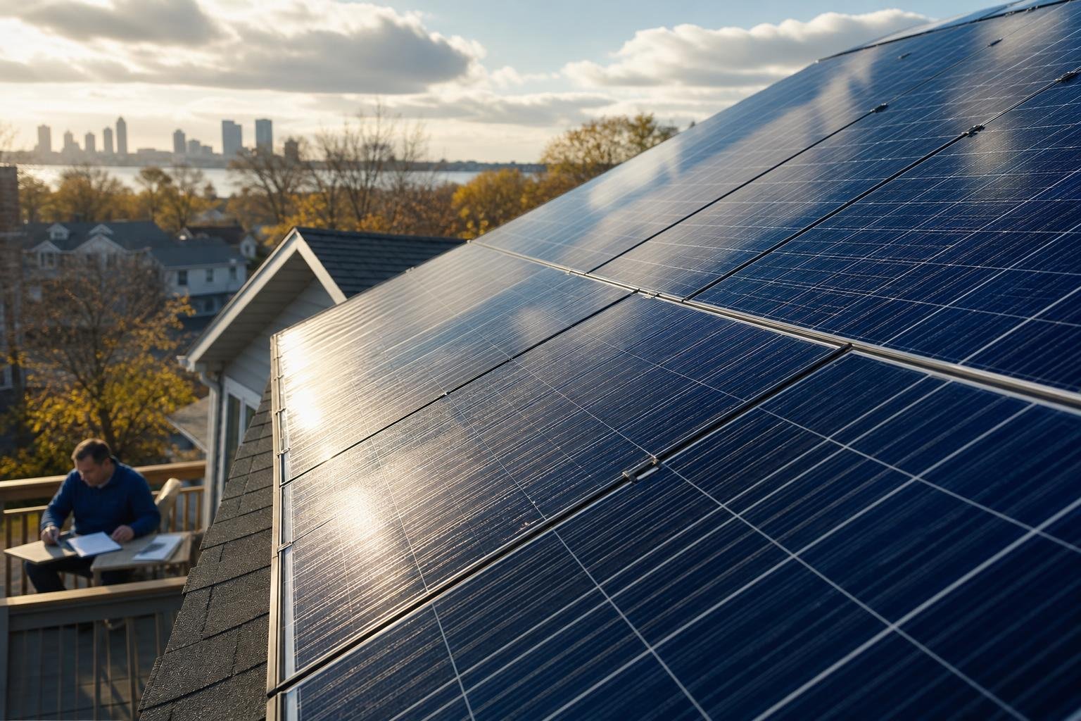 Close-up of rooftop solar panels with a homeowner reviewing paperwork in the softly blurred background, suggesting solar incentive planning.